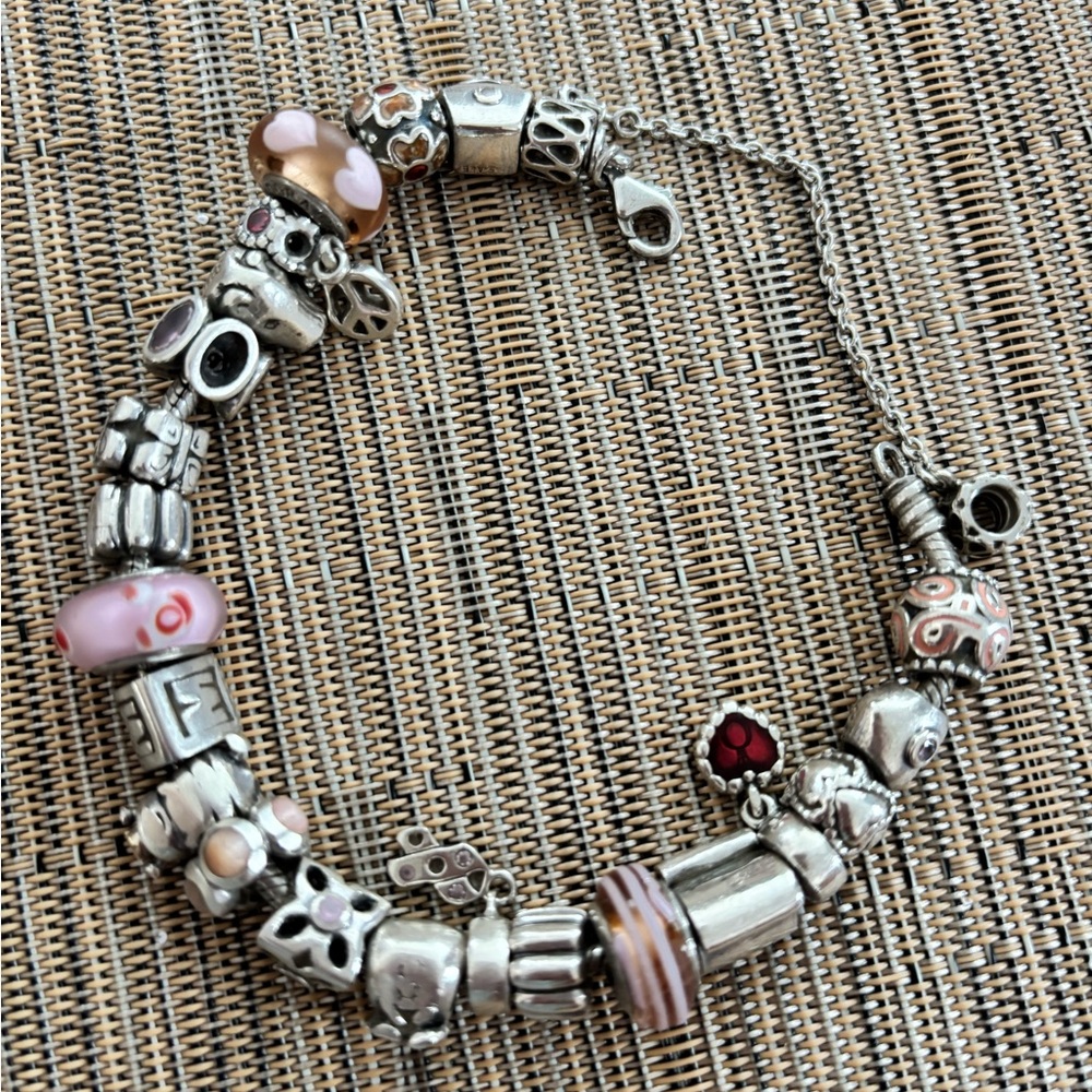 PANDORA Silver and Pink Charm Bracelet